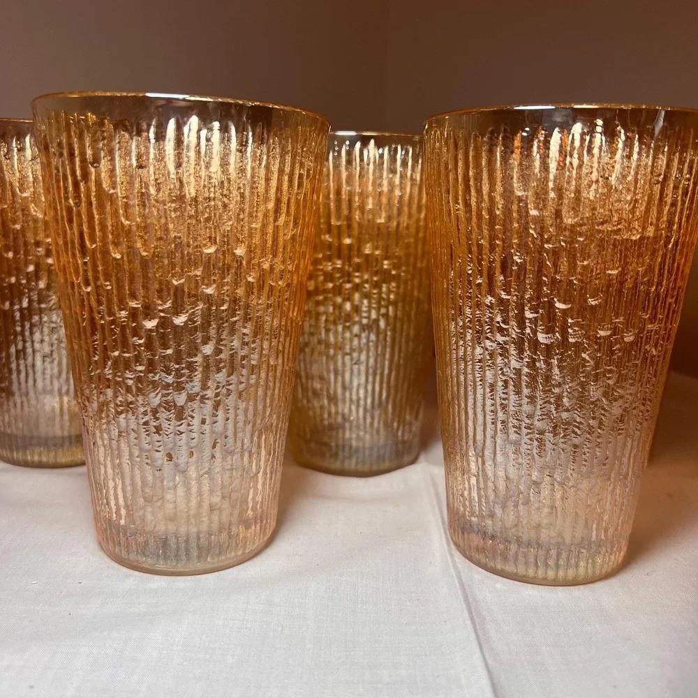 Set of 6 Vintage Amber Textured Drinking Glasses Mid Century Retro Tumblers